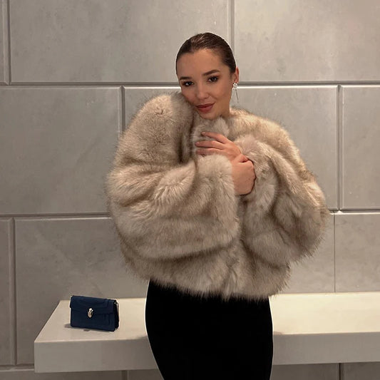 Chaqueta de piel sintética de mapache y zorro para mujer, abrigo grueso, cálido, corto y esponjoso, de moda urbana para chicas, de invierno.