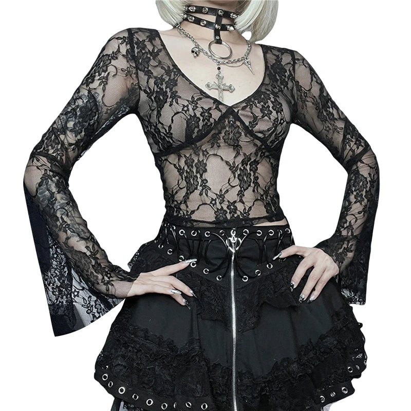 Camisetas Cyber Y2K para mujer, estética, transparente, con encaje floral, acampanadas, de manga larga, estilo gótico grunge de los años 2000, ropa urbana