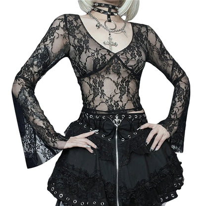 Camisetas Cyber Y2K para mujer, estética, transparente, con encaje floral, acampanadas, de manga larga, estilo gótico grunge de los años 2000, ropa urbana