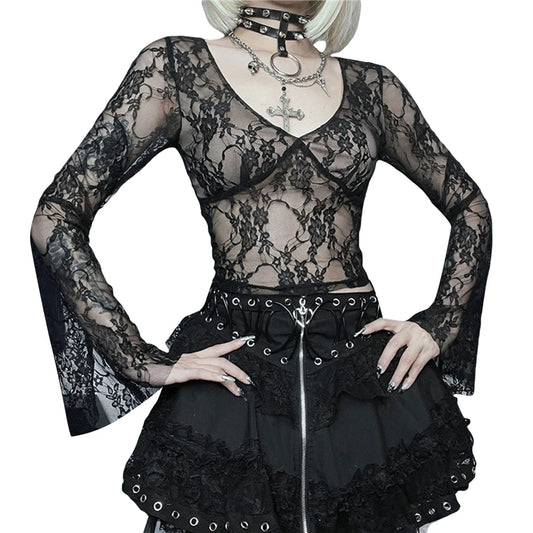 Cyber y2k Tops Women Aesthetic See Through Floral Lace Flared Long Sleeve T Shirt 2000s Goth Grunge Clothing Streetwear