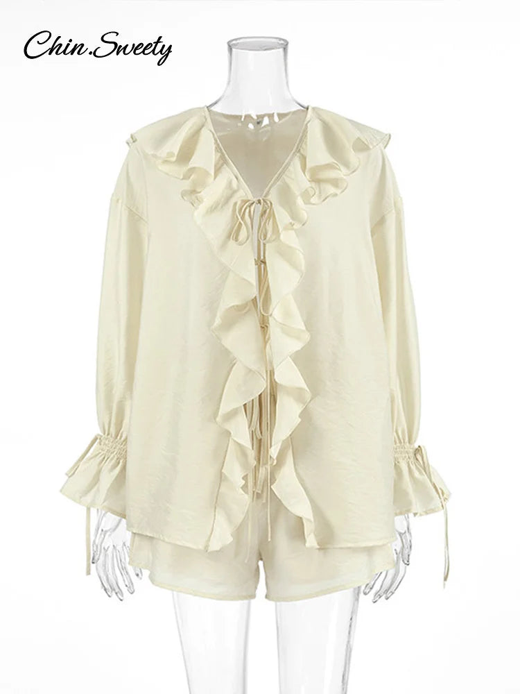 Conjunto de 2 piezas de pantalones cortos holgados con volantes para mujer, cuello en V, camisas caladas, pantalones cortos de pierna ancha, traje blanco para primavera y verano 2025.
