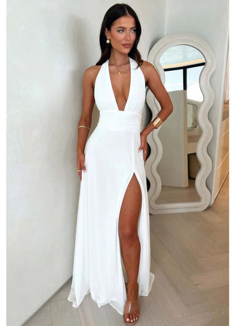 Elegante vestido sin mangas con espalda abierta y abertura alta para mujer, vestido de noche ajustado con cordones, elegante vestido de fiesta para club femenino