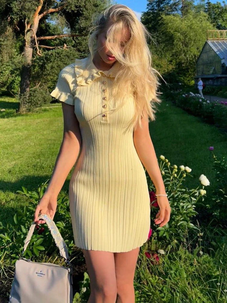High Waist Ruffled Mini Dresses For Women Summer Short Sleeve Knitted Slim Fit Dress Women’s Vintage Dress Woman Elegant