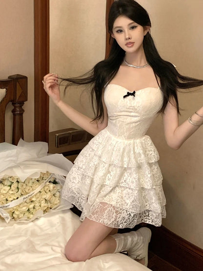 Mujer Primavera Verano Nuevo Elegante Encaje Mini Vestidos Línea A Sin Mangas Fiesta Graduación Moda Ropa De Una Pieza
