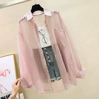 Blusa elegante de gasa transparente de manga larga con protección solar para mujer, estilo coreano, holgada, estilo cárdigan playero de verano.