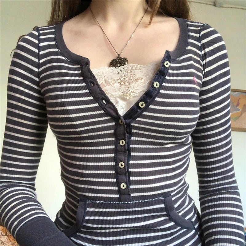 Women T Shirt y2k Aesthetic Striped Button Long Sleeve Tops with Pocket 2000s Clothing Slim Soft Tee Sweats Streetwear