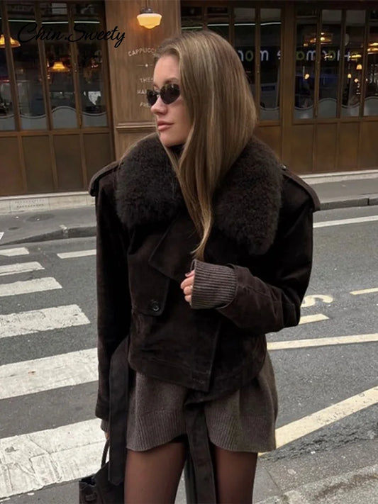 Chaqueta corta vintage de ante para mujer, con solapa, cuello de piel y cordones, abrigo de manga larga para mujer, moda de invierno, ropa de calle para mujer