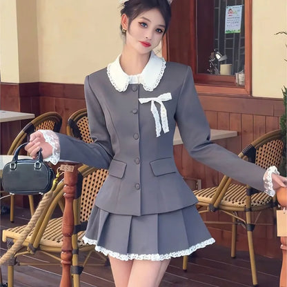 Elegant Two-piece Skirt Set Women Long Sleeve Single Breasted Blazer Coat Lace Pleated Mini Skirt Autumn Korean Fashion Outfits