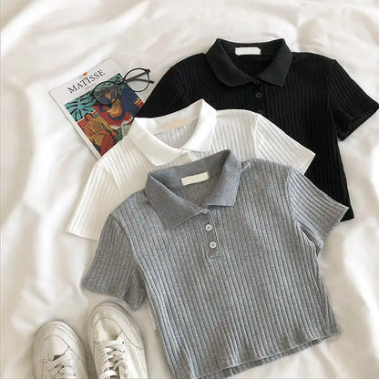 Camisa corta de cuello polo de punto para mujer, blusa básica juvenil de manga corta de color liso para verano