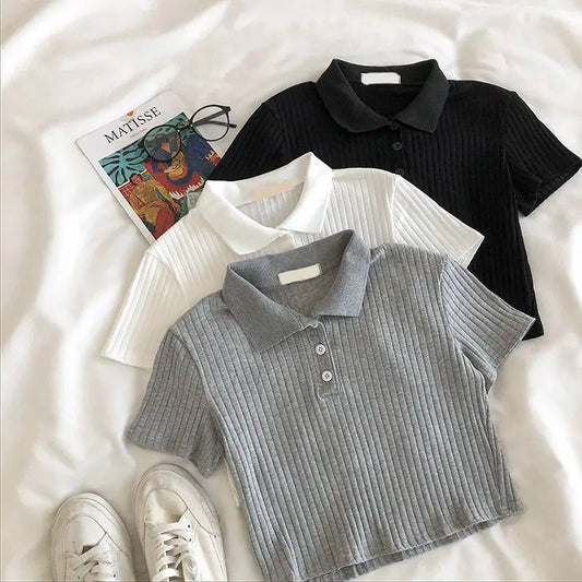 Camisa corta de cuello polo de punto para mujer, blusa básica juvenil de manga corta de color liso para verano