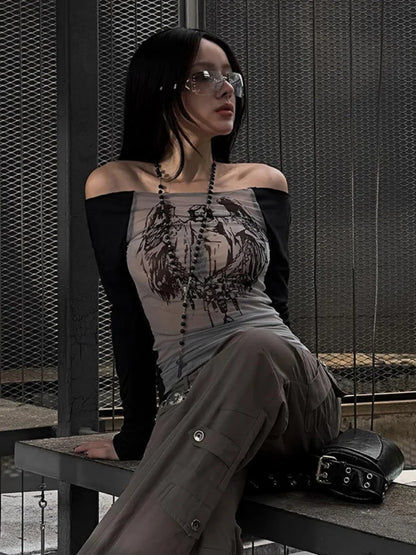 Fashion Knitted Mesh Character Print Graphic T Shirts Casual One-Piece Neckline Long Sleeve Women Clothes See-Through Y2k Top