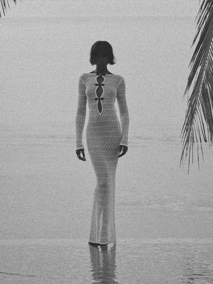 Elegant Hollow Out Knitted Long Dress Women Sexy Backless Solid Long Sleeve Slim Maxi Dresses Female Chic Party Beach Holiday