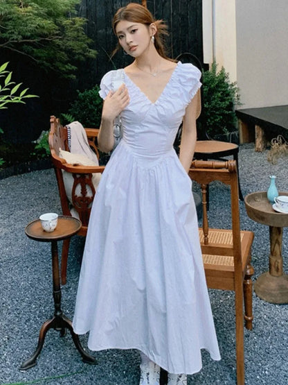 Vestidos midi casuales sólidos para mujer, estilo coreano elegante, con escote en V, espalda descubierta, cintura alta, mangas abullonadas, vestido de fiesta de verano, vestidos para mujer