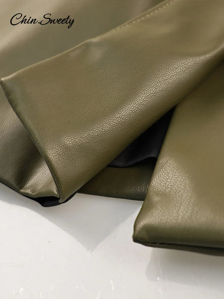 Chaqueta de cuero para mujer, estilo urbano, verde, con pliegues, escote en V, un botón, manga larga, bolsillos, abrigo hasta la cintura, primavera 2025, estilo urbano Y2K.