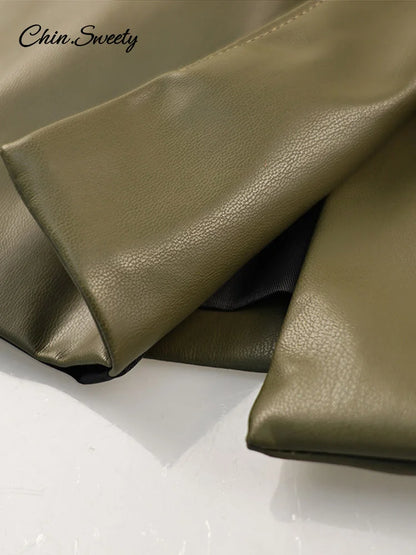 Chaqueta de cuero para mujer, estilo urbano, verde, con pliegues, escote en V, un botón, manga larga, bolsillos, abrigo hasta la cintura, primavera 2025, estilo urbano Y2K.