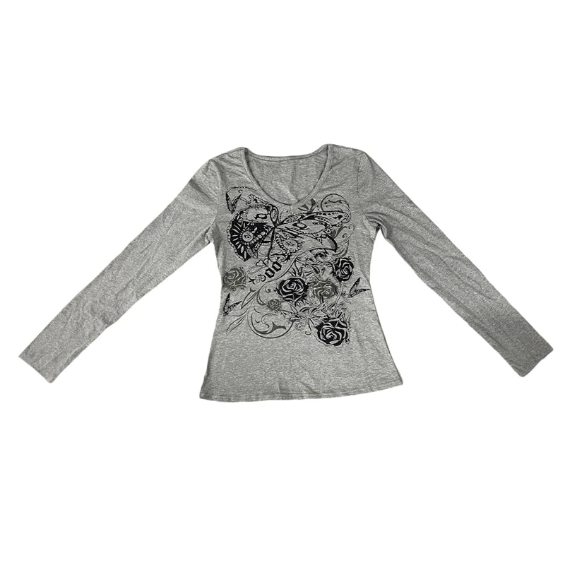 Y2k Fairy Grunge Tops góticos estéticos con estampado floral, cuello en V, camiseta de manga larga para mujer, ropa deportiva básica, ropa de calle