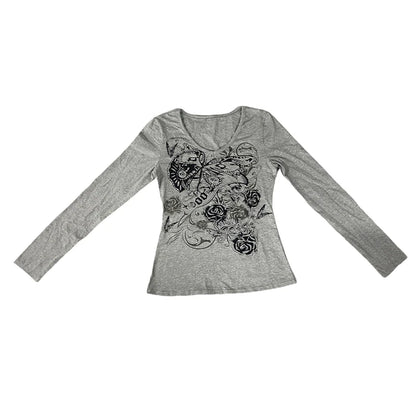 Y2k Fairy Grunge Tops góticos estéticos con estampado floral, cuello en V, camiseta de manga larga para mujer, ropa deportiva básica, ropa de calle