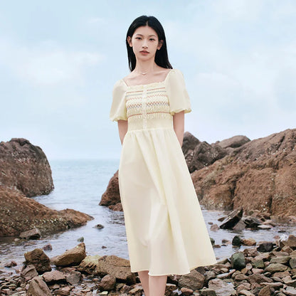 Vestido de mujer con escote cuadrado, mangas abullonadas, corte ajustado y elegante, nuevo vestido de verano divertido y elegante de largo medio.