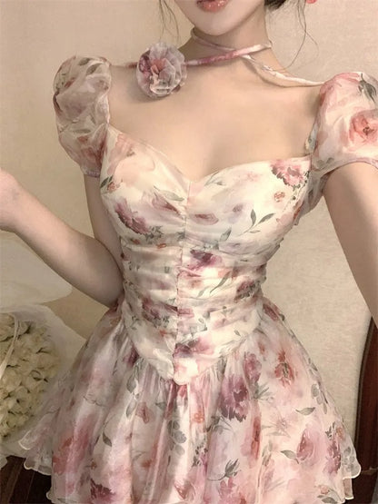 Elegante vestido corto floral de princesa para mujer, Y2K, con mangas abullonadas, espalda descubierta, estampado con volantes, corte en A, moda coreana, vestido de una pieza