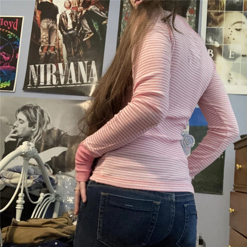 Camiseta grunge Fairycore Y2K para mujer, camisetas de manga larga con cuello en V a rayas, ropa estética de los años 2000, camiseta acanalada, ropa de calle