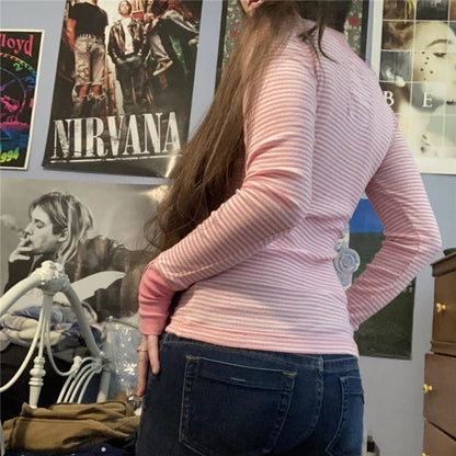 Camiseta grunge Fairycore Y2K para mujer, camisetas de manga larga con cuello en V a rayas, ropa estética de los años 2000, camiseta acanalada, ropa de calle
