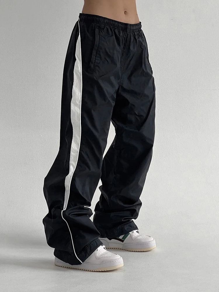 American Retro Casual Straight Leg Track Pants Women Side Contrast Patchwork Elastic Waist Hippie Jogging Trousers