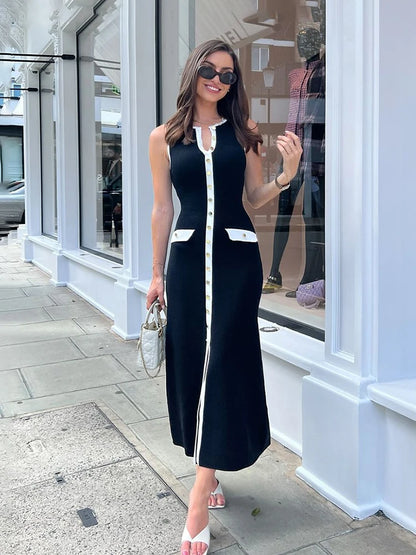 Elegant Sleeveless Single-Breasted Ribbed Knitwear Long Dress For Women High Waist Bodycon Knitted Fake Pocket Dress New