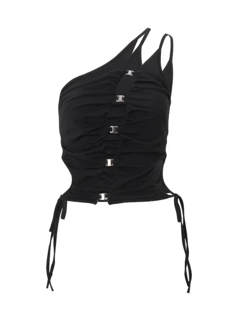 Fashion Asymmetrical Solid Color Y2k Top Casual Slim Hang Neck Sleeveless Tank Top Women Cutout Slant Shoulder Women Clothing