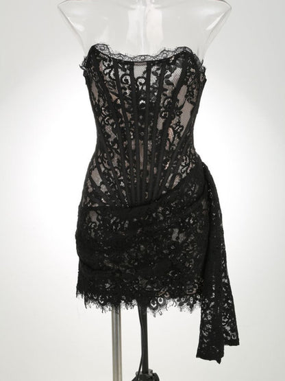 Elegant Lace Strapless Sexy Mini Dress For Women Fashion Off-shoulder Irregular Ruched Bodycon Night Club Party Dress