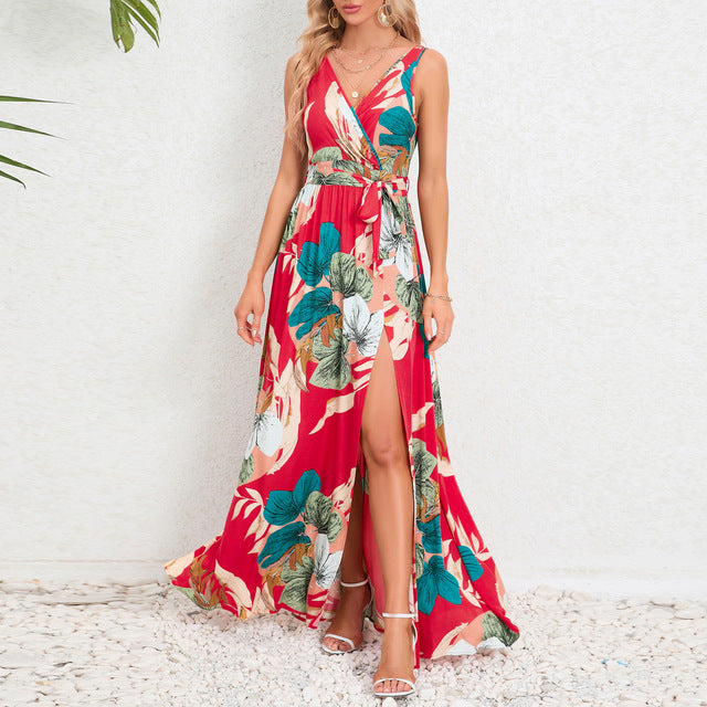Vestidos largos sin mangas con estampado de flores de verano para mujer, vestido sexy con escote en V y abertura en el escote, vestido femenino de moda para ir al trabajo o vacaciones.