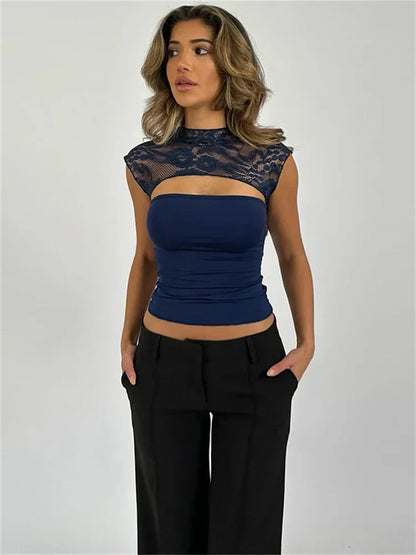 Top sexy con estampado calado Y2k para mujer, jersey transparente ajustado, recortado, con parches en contraste, ropa de calle, camiseta sin mangas para mujer