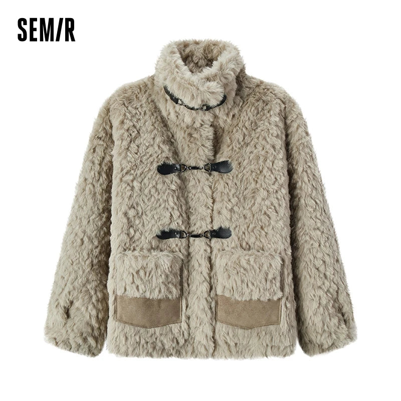 Coat Women Imitation Rabbit Fur Imitation Suede Patchwork Retro  New Winter Loose Stand-Up Collar Jacket