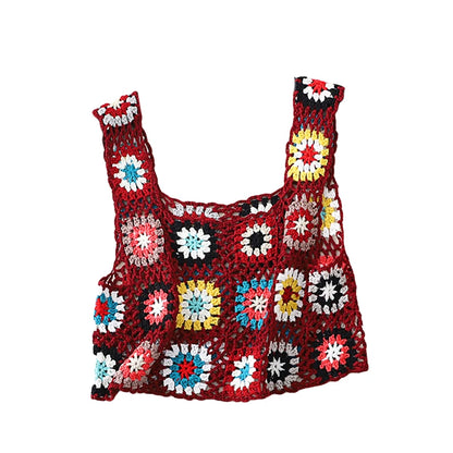 Top corto de punto de crochet de los años 2000 para mujer, camiseta sin mangas con bordado floral, chaleco Y2K, ropa de playa, ropa de calle