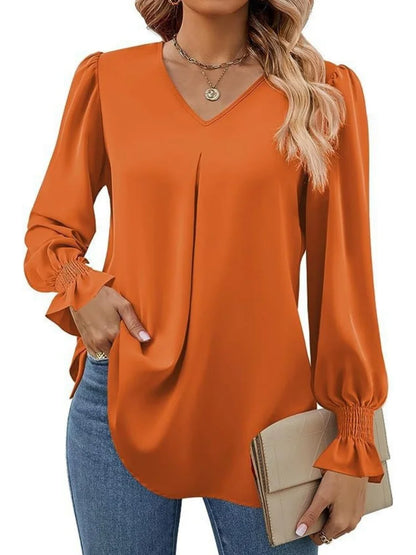 Blusas de primavera y verano para mujer, informales, de manga larga, con cuello en V y colores lisos, DF4998