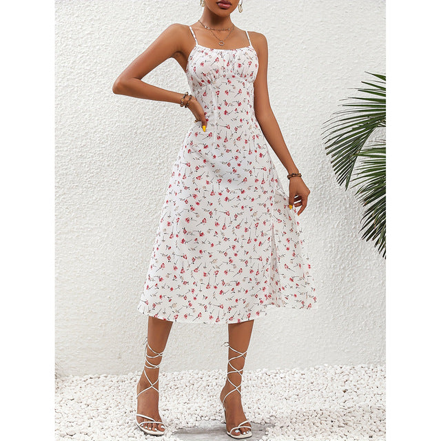 Vestidos de tirantes finos con estampado de flores para mujer, primavera y verano, nuevos, sin espalda, ajustados, sin mangas, con abertura, estilo vacacional para mujer