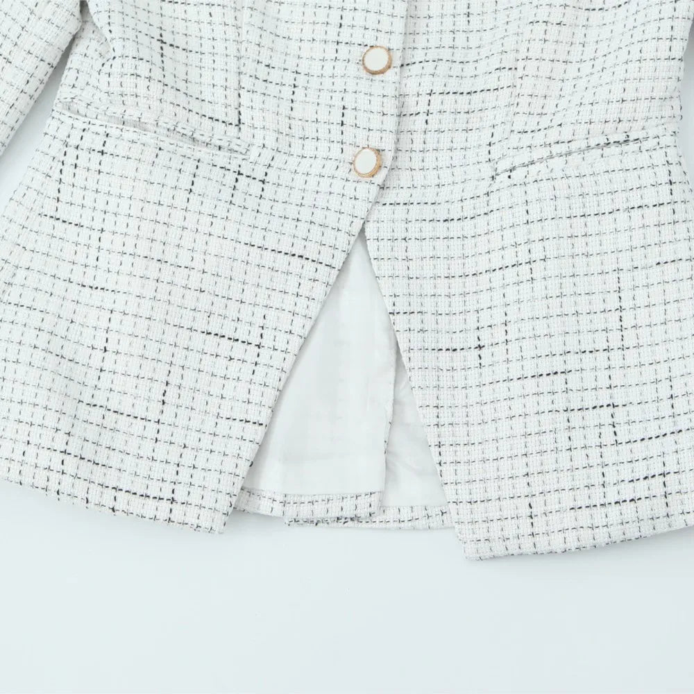 Blazer de tweed tejido a cuadros con cuello en V retro estilo francés + minifalda corta de cintura alta, conjunto de 2 piezas, negro y blanco