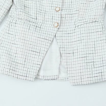 Blazer de tweed tejido a cuadros con cuello en V retro estilo francés + minifalda corta de cintura alta, conjunto de 2 piezas, negro y blanco