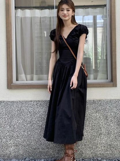 Vestidos midi casuales sólidos para mujer, estilo coreano elegante, con escote en V, espalda descubierta, cintura alta, mangas abullonadas, vestido de fiesta de verano, vestidos para mujer