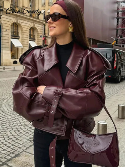 Chaqueta corta informal de cuero con cinturón y solapa, abrigo corto de manga larga, nueva moda para dama, ropa de calle para fiestas, nueva ropa exterior _
