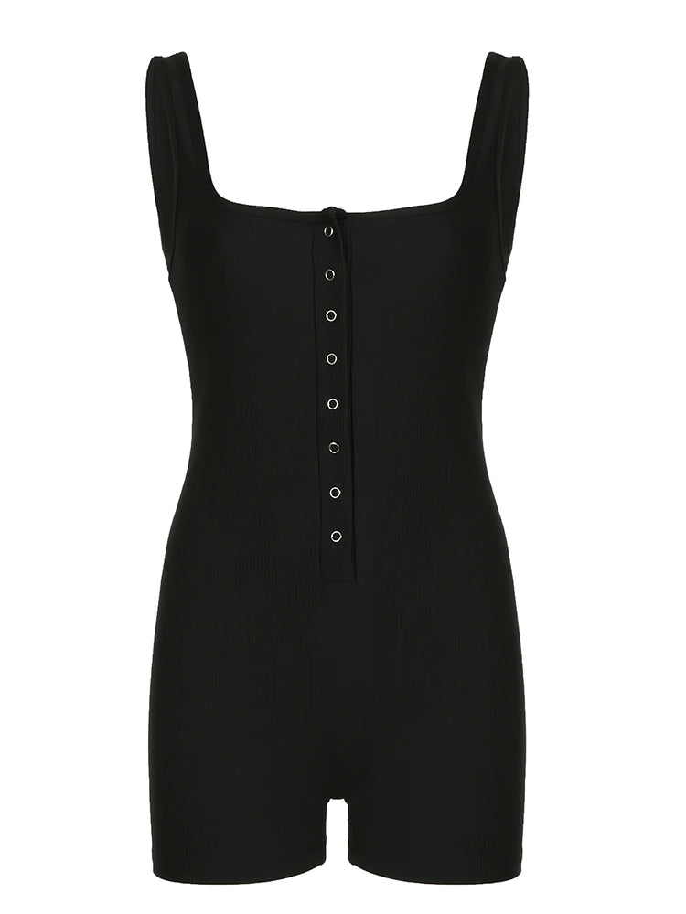 Monos ajustados sexis negros acanalados sin mangas con cuello cuadrado y botones, detalles sólidos, básicos, de tirantes, monos