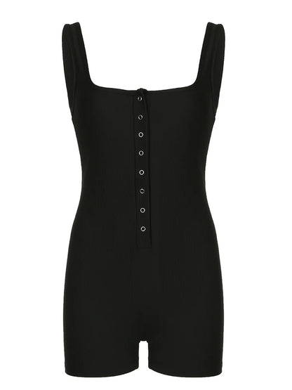 Monos ajustados sexis negros acanalados sin mangas con cuello cuadrado y botones, detalles sólidos, básicos, de tirantes, monos
