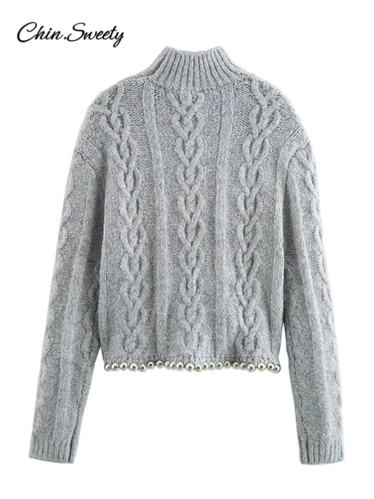 Vintage Beading Twist Pullover Women Knit Gray Long Sleeve High Collar Sweater Lady 2025 High Street Lady All-matching Knitwear