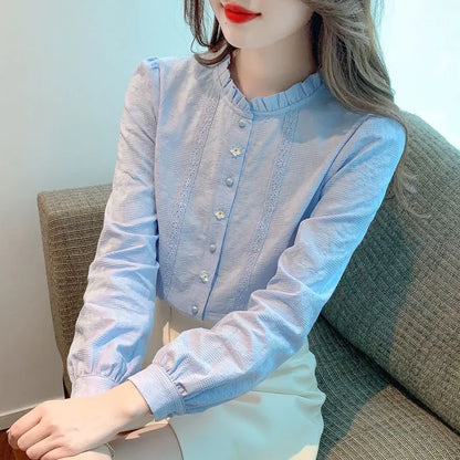 Blusas bordadas para mujer, primavera y otoño, informales, de manga larga, cuello alto, color liso, DF4774