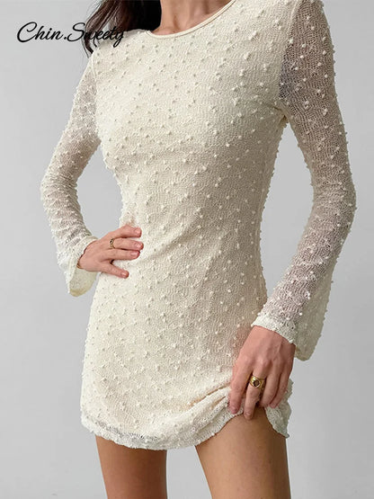 Sexy Backless Jacquard Mini Dress Women Flare Long Sleeve Lace Up O-neck Party Dresses 2025 Lady Slim Evening Beach Gowns New