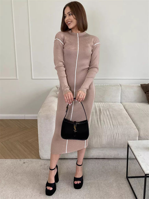 Patchwork Casual Knit Maxi Dress For Women Contrast Ribbed High Waist Slim Elegant Party Dress Female Knitwear Long Dress