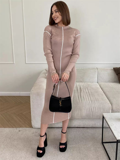 Patchwork Casual Knit Maxi Dress For Women Contrast Ribbed High Waist Slim Elegant Party Dress Female Knitwear Long Dress