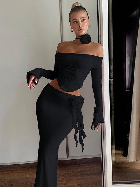 Winter New Sexy Long Sleeved Half Skirt Set For Woman 3D Flower Slim Tight Long Skirt Party Evening Dress Two Piece Set