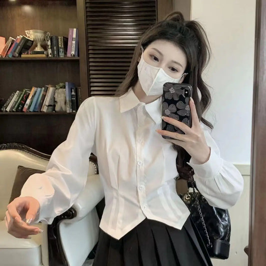 Camisa corta blanca de manga larga para mujer, túnica ajustada con botones, blusa básica, blusa escolar, blusa formal de cola de golondrina para mujer