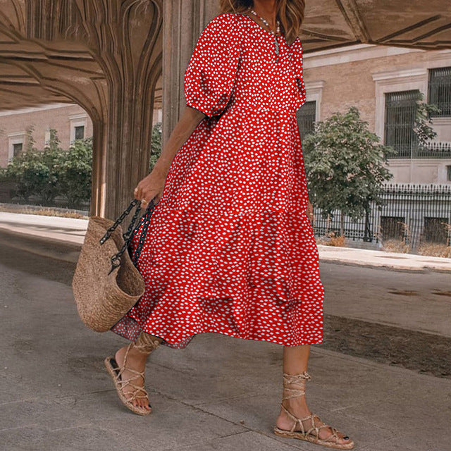 Vestido estampado de verano 2025 para mujer, manga corta abullonada, volantes, holgado, corte A, midi, informal, para playa y vacaciones