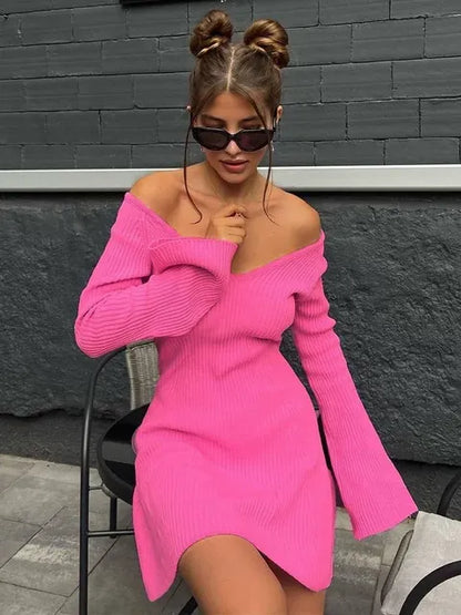 Knit Off-Shoulder V-Neck Mini Dress For Women Ribbed Loose Casual High Waist Long Sleeve Knitwear Dress Women’s Mini Dress
